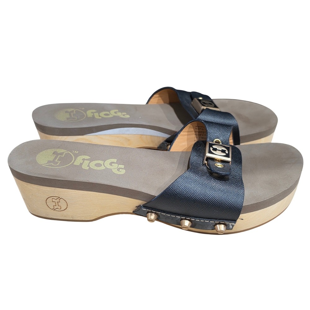 Flogg Malibu II Black Leather Wood Platform Slide Sandals‎ Clogs women Size 7M